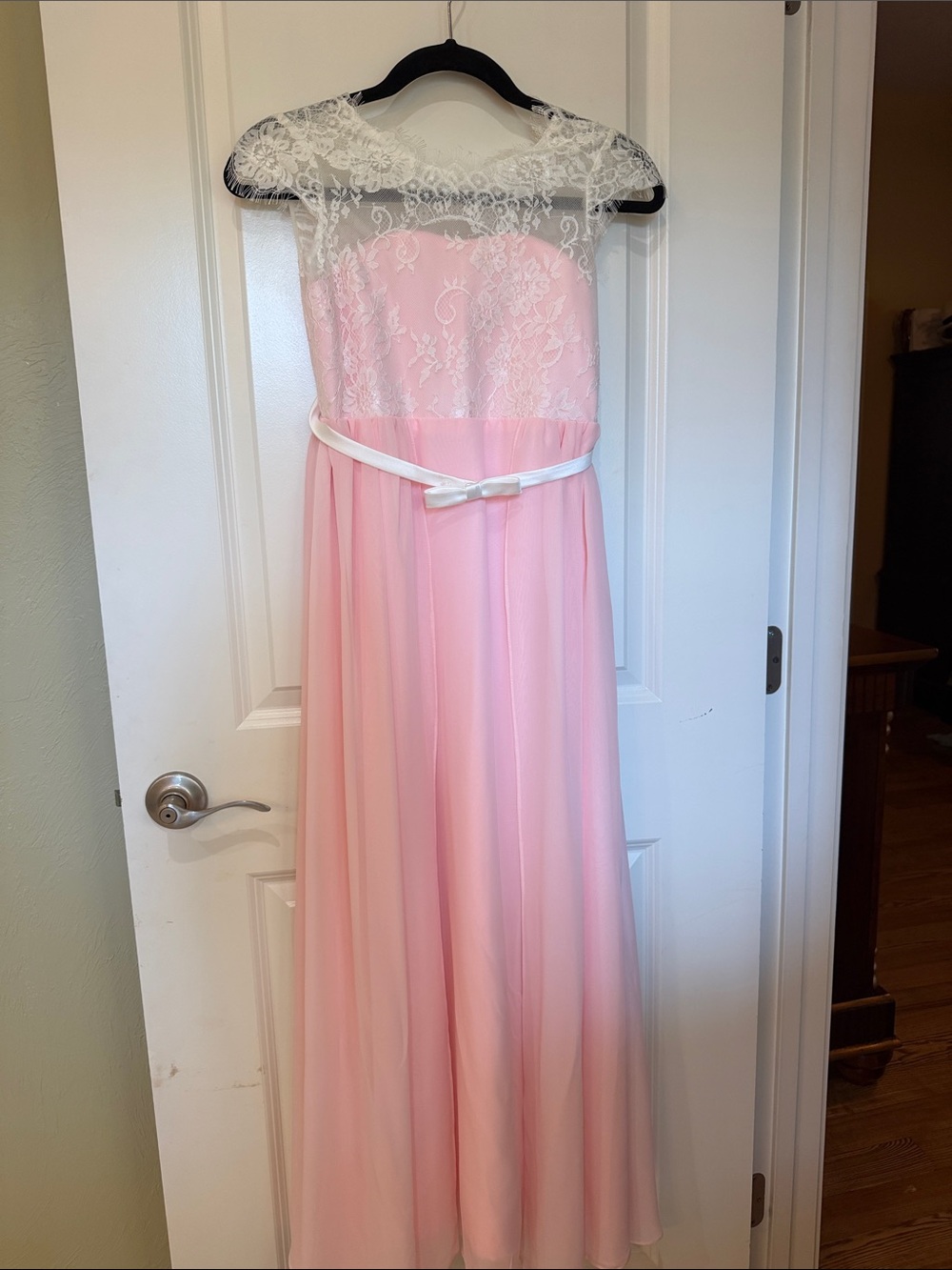 Bridesmaid Girls Pink Size 12 Lace Chiffon Formal Maxi Dress with Satin Belt